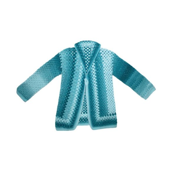 Granny Square Baby Blue Teal Fade Vintage Knit Crochet Handmade Cardigan Sweater - Picture 1 of 3